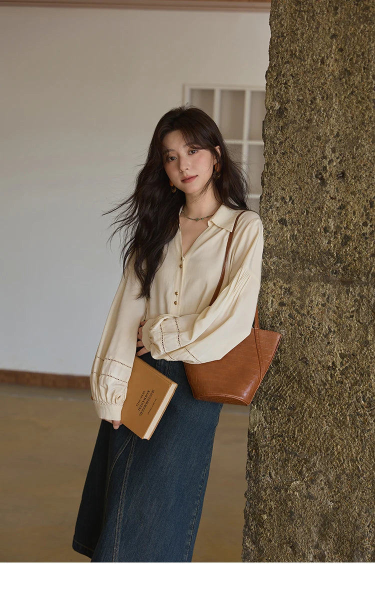 MISHOW Women's Shirt Lantern Sleeve Hollow Out Tops 2025 Autumn Single Breasted Solid Shirts Lapel Shirt Office Lady MXE41C2359