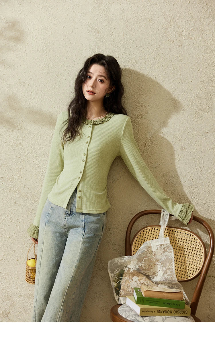 MISHOW Green Plaid Knitted Top 2025 Spring Lotus Leaf Sleeves Tees Slim Long Sleeve Curled Collar Single Breasted Top MXE14Z1152