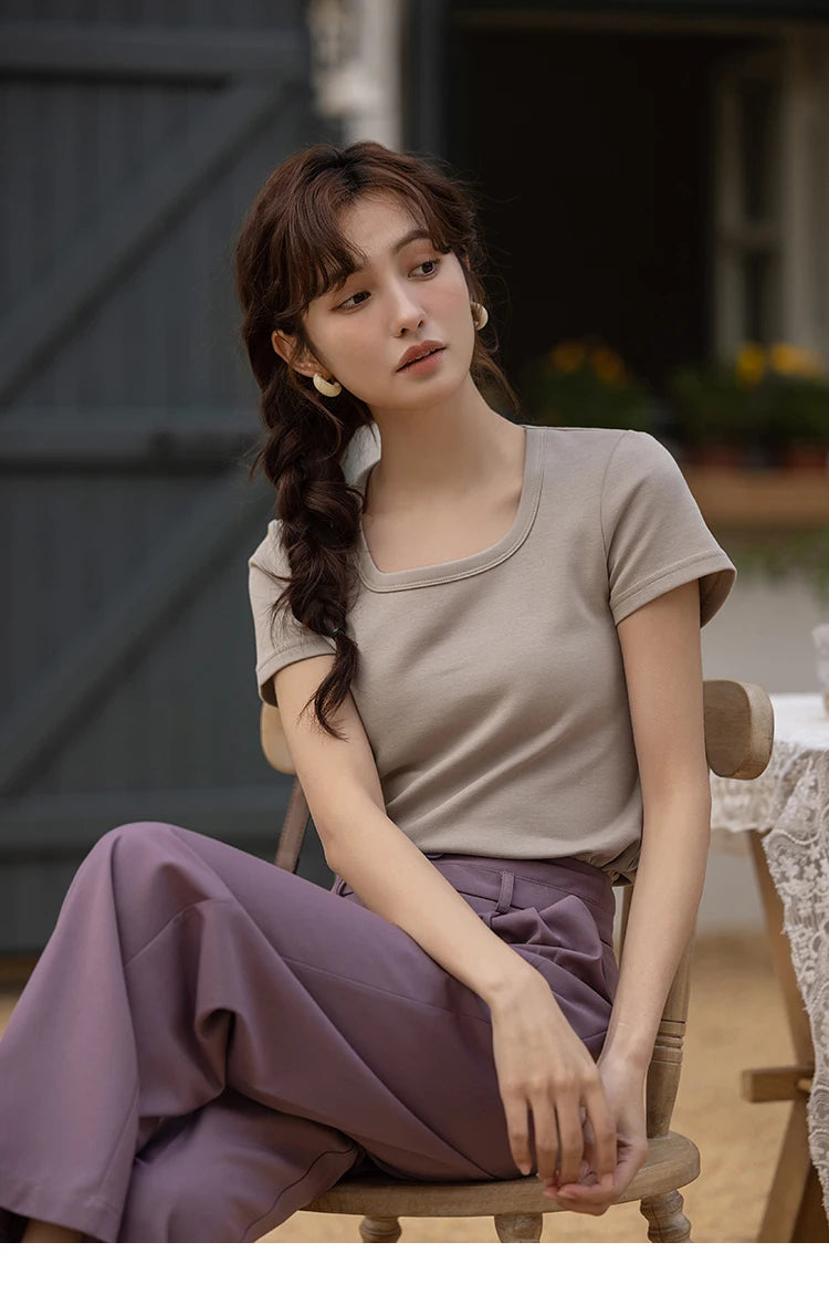 MISHOW Short Sleeve T-shirts Women Spring Solid Square-neck Top Elegant Woman Clothes Office Lady Cotton Tees MXC12T0641