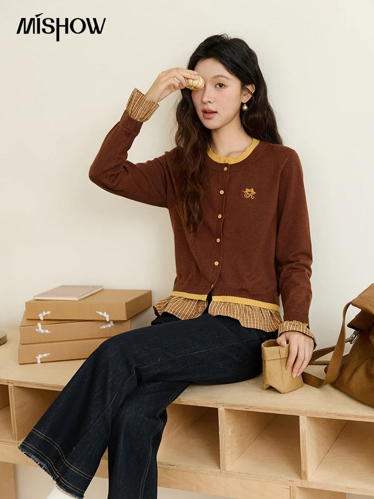 MISHOW Fake Two Knitted Sweaters Autumn Retro Color Contrasting Bow Embroidered Sweater Hemp Cuff Splicing Plaid Top MXE46Z2495