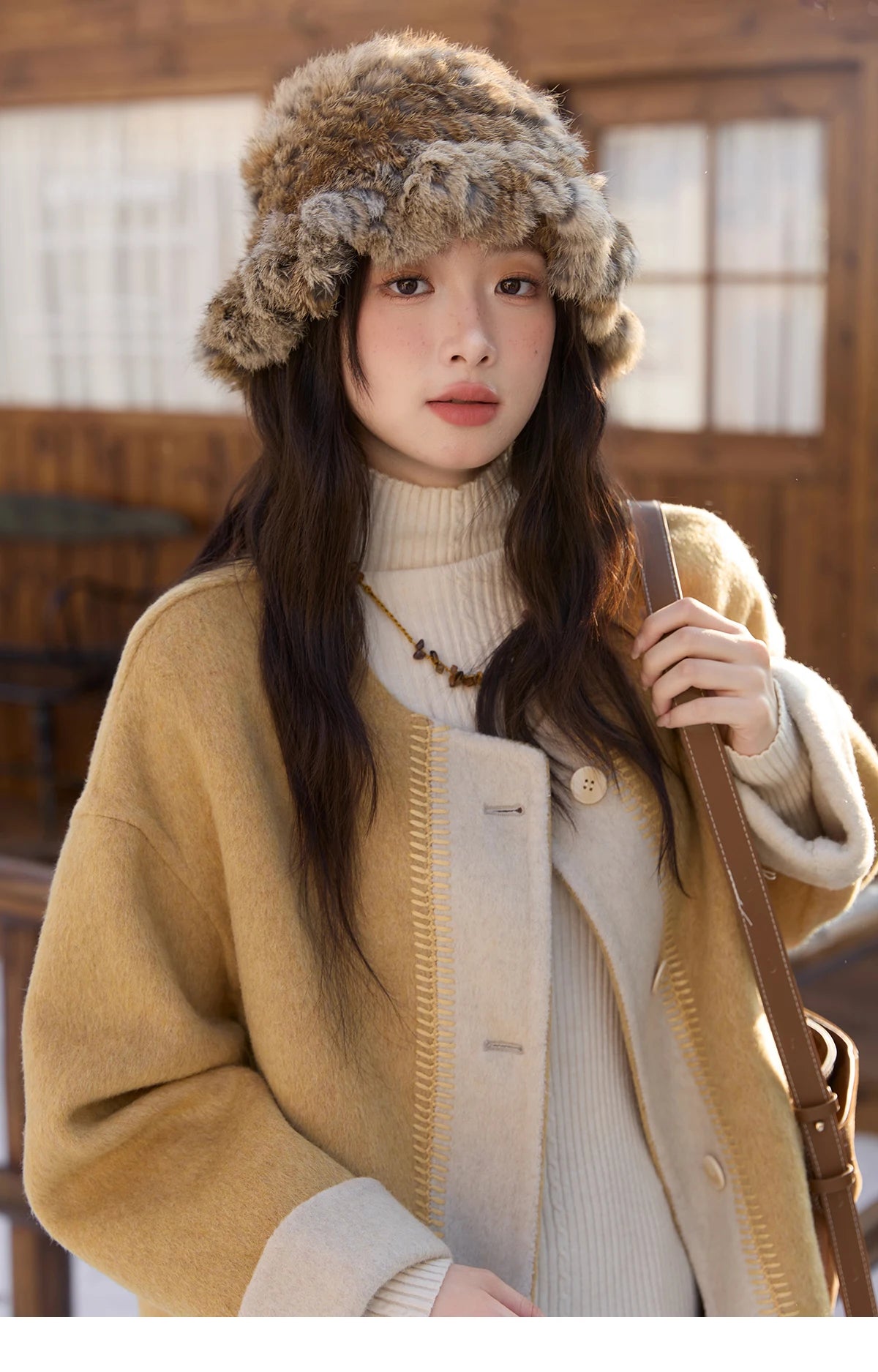 MISHOW Yellow Double-faced Wool Coat for Women 2025 Winter New Retro Contrast Color Slim Crew Neck Pockets Wool Coat MXE51W0915