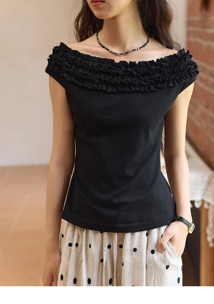 MISHOW French Stringy Selvedge One Neck T-shirt for Women Summer 2025 Raglan Sleeves Wool Short Top Sexy Solid Tees MXE34T0605