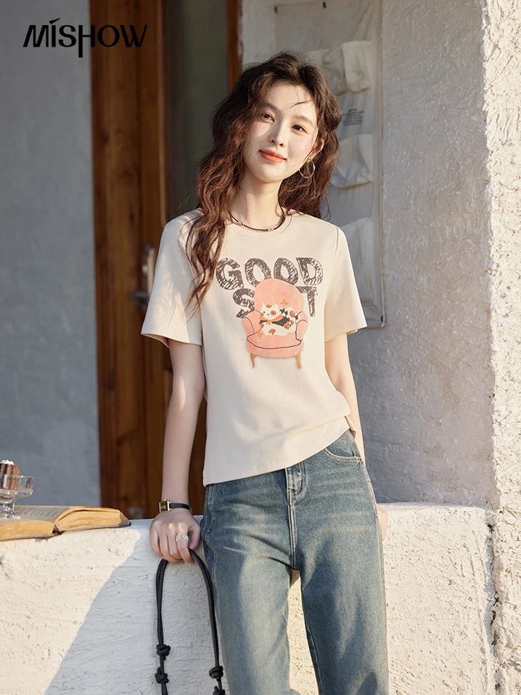 MISHOW Printed Cotton T-shirts for Women Spring 2025 Loose Slim Short Round Neck Tees Versatile Soft Casual Tops MXE13T0461