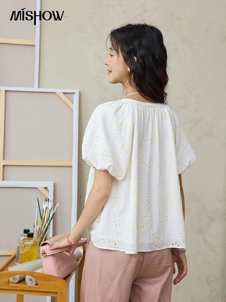 MISHOW Fashion Embroidery Jacquard Design Short Sleeve Shirt for Women 2025 Summer New V-neck Lace Up Retro Loose Top MXE35X1790