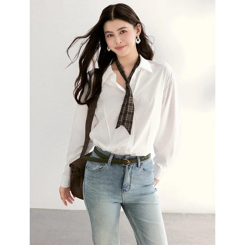 MISHOW Women's Casual Loose Shirt with Plaid Scarf 2026 Spring Lapel Tops Versatile Long Sleeve Shirts Office Lady MXF108C0815