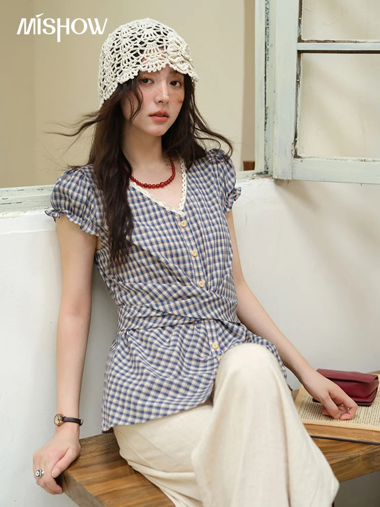 MISHOW Women's Garment Sleeves Plaid Shirt 2025 Summer New Fashion Lace V-neck Shirt Button Belt Top Female Clothing MXE36X1814
