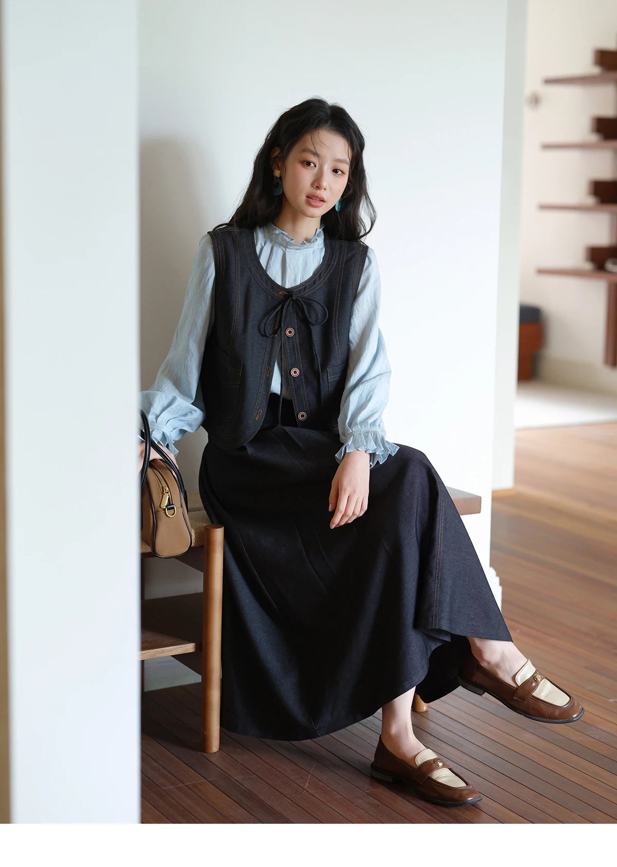 MISHOW High Waist Pleated Umbrella Denim Skirt 2025 Autumn A-LINE Deep Blue Skirts Female One Button Casual Skirts MXE41B2372