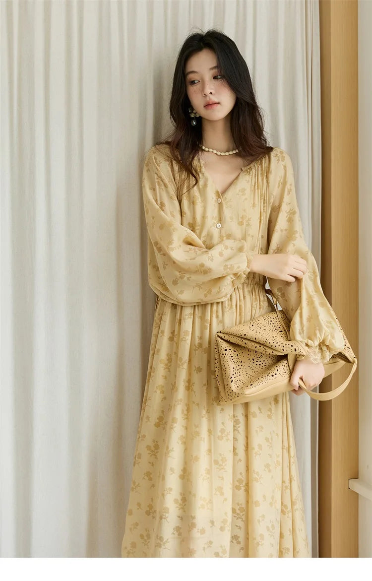 MISHOW Yellow Printing Dress for Woman 2025 Autumn Elegant Lace Lantern Sleeve Waist Slim Long Dress V-neck Dress MXE47L2527