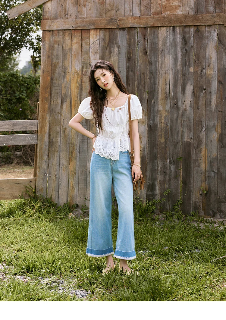 MISHOW French Summer Casual Blouses 2025 Solid Short Puff Sleeve Hem Hollow Cotton Tops Loose Collar Beading Blouse MXE33X1776