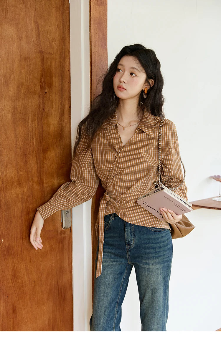 MISHOW Women's 100 Cotton Dark Orange Plaid Shirt  Autumn Design Side Waist Lace-up Long Sleeved Shirts Office Lady MXE46X2494