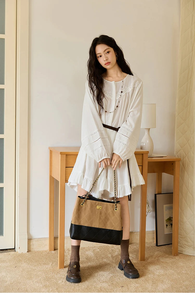 MISHOW Woman White Dress 2025 Autumn French Style O-neck Lace Ruffled Lantern Sleeves Dress Long Sleeves Party Dress MXE46L2519