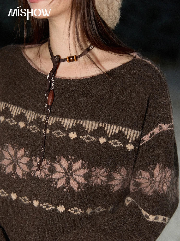 MISHOW Women's Pullovers 2025 Winter Retro Brown Loose Crew Neck Snowflake Jacquard Sweaters Commute Warm Knit Top MXE86Z2655
