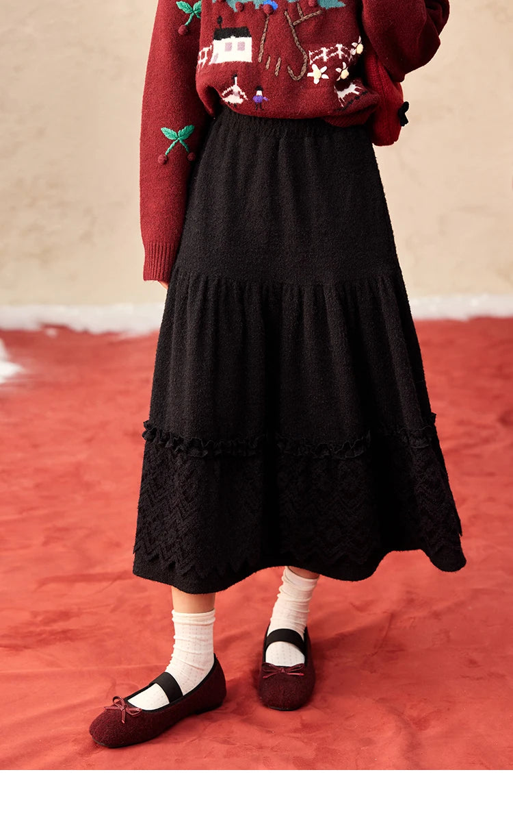 MISHOW Splicing Knitted Skirt For Women 2025 Spring New Korean Lace Loose Elegant Slim Temperament Pleated Long Skirt MXD59B0632