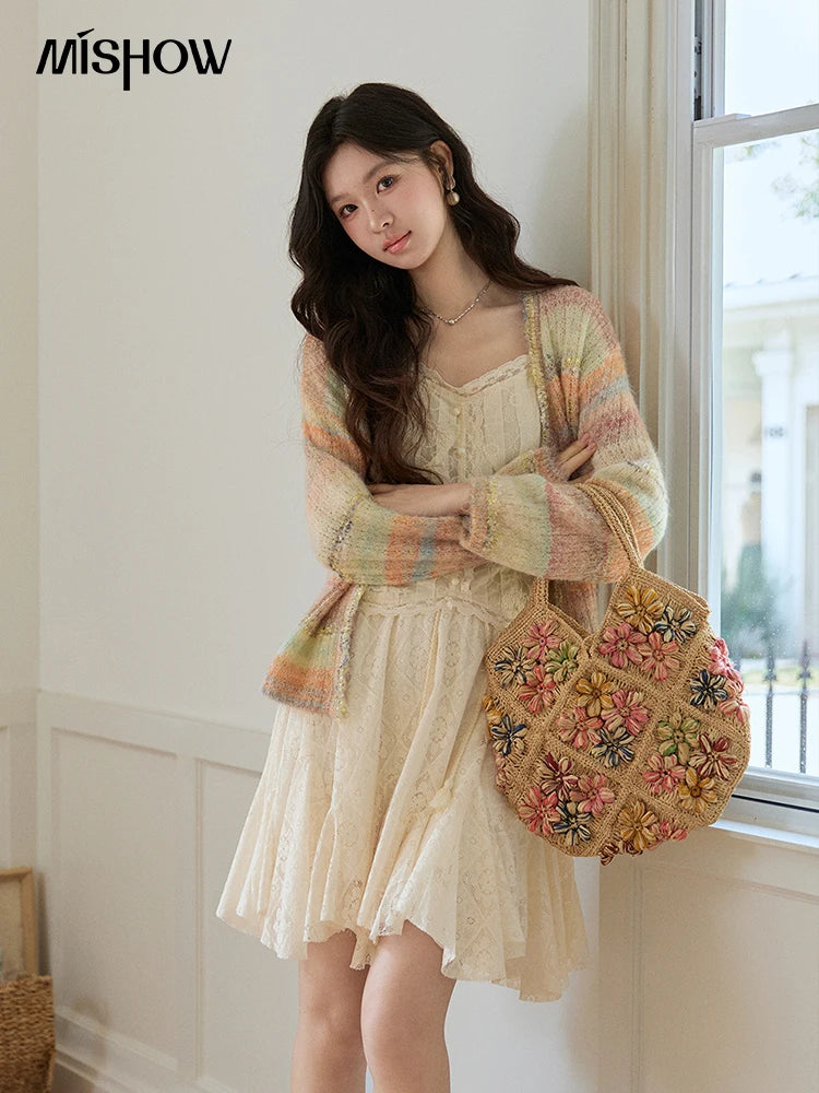 MISHOW Women's Gradient Striped Knit Cardigan 2026 Spring V Neck Single Breasted Casual Thin Soft Rainbow Sweater MXF13Z3019