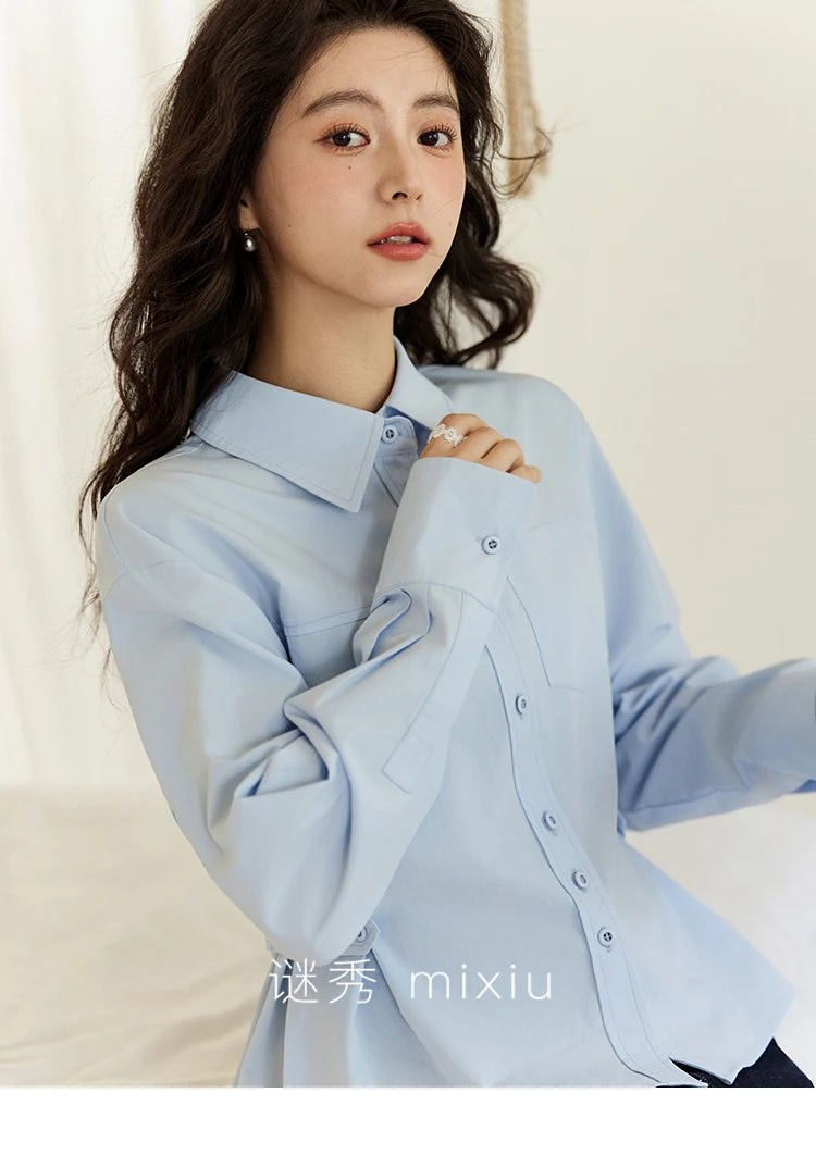 MISHOW Women's French Blue Shirt Long Sleeve 2025 Spring Polo Collar Waist Pocket Versatile Shirt Single Breasted Top MXE14C0753