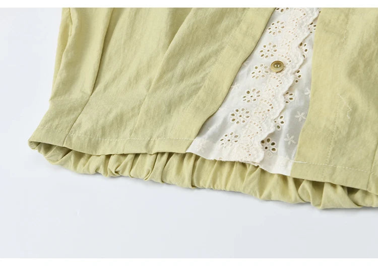 MISHOW Women's Top Green Fake Two Piece Shirt 2025 Autumn Lace Patchwork Lapel Shirts Rear Hem Elastic Short Shirt MXE41C2348