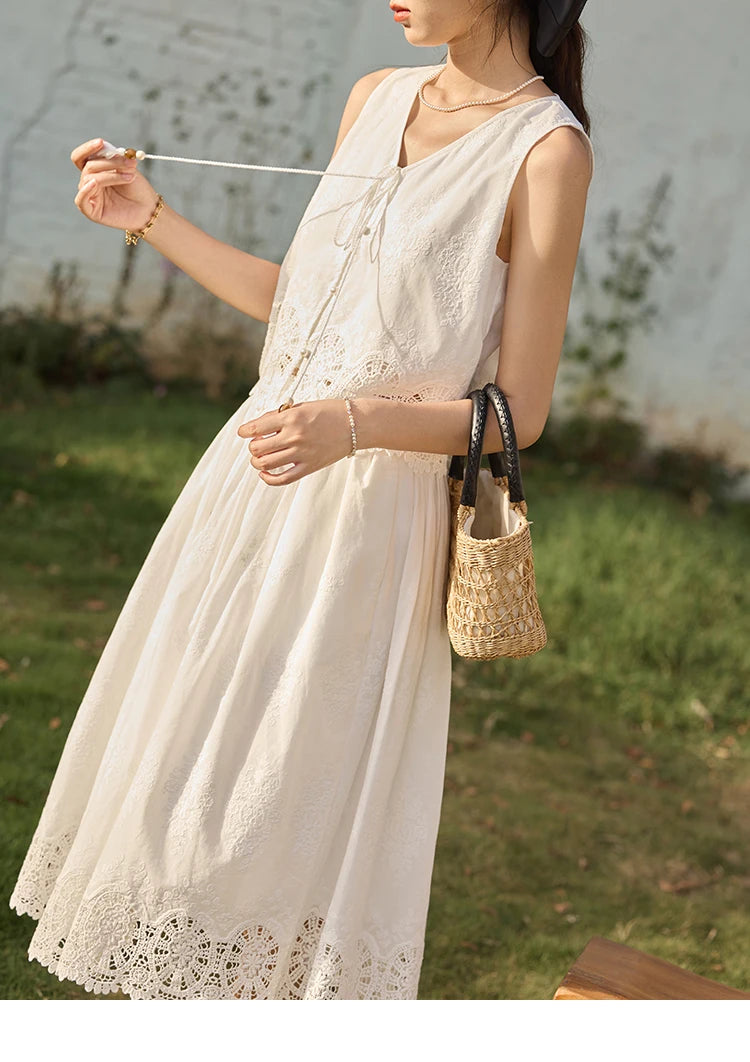 MISHOW 2 Pieces Set Woman Embroidery V-neck Hollow Lace Up Sleeveless Top Summer 2025 Slim Elastic Waist Skirt Set MXE33T0593