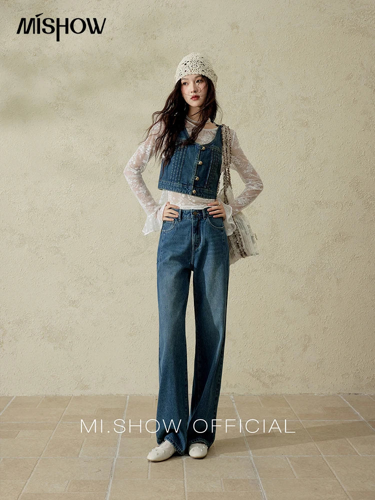 MISHOW Retro Denim Vest Coat for Women Spring Summer 2025 Deep Blue V-neck Short Versatile Outer Outfit U-neck Ccoats MXE16W0750