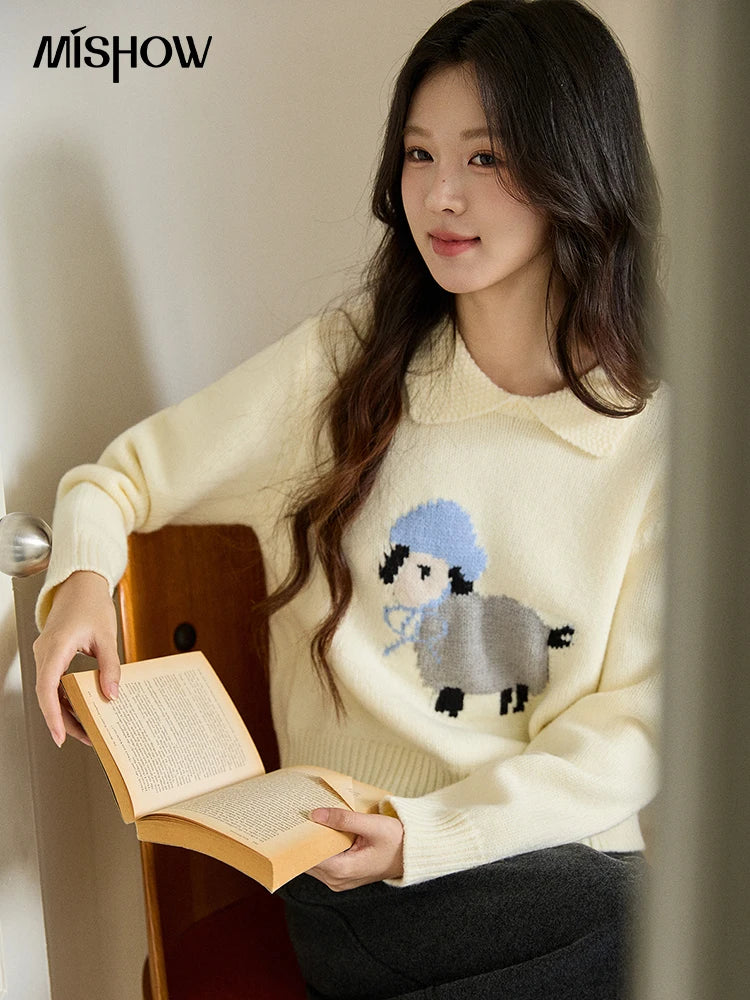 MISHOW Women's Beige White Knitted Sweater 2025 Autumn Winter Round Collar Sheep Pattern Loose Warm Pullover Sweaters MXE94Z2962