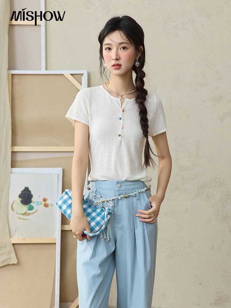 MISHOW Sea Salt Blue Wide Leg Pants 2025 Summer Contrasting Bead Belt Cotton Blend Trousers Slim Commuting Pants MXE35K0931