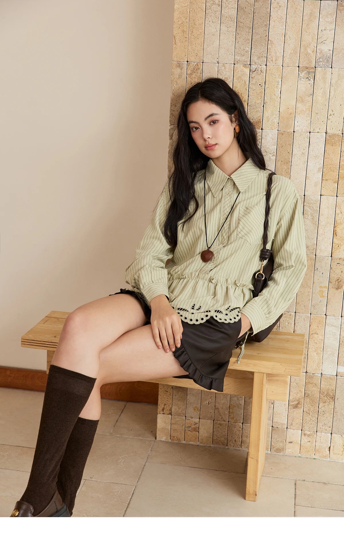 MISHOW Green Striped Shirt for Women 2025 Autumn New Fashion Design Embroidery Loose Casual Tops Commuting Shirt  MXE49C2414