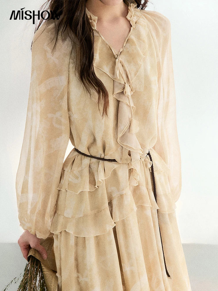 MISHOW Light Yellow Chiffon Maxi Dress 2026 Spring V-Neck Ruffled Belted Floral Print Casual Long Sleeve Dresses MXF11L2554