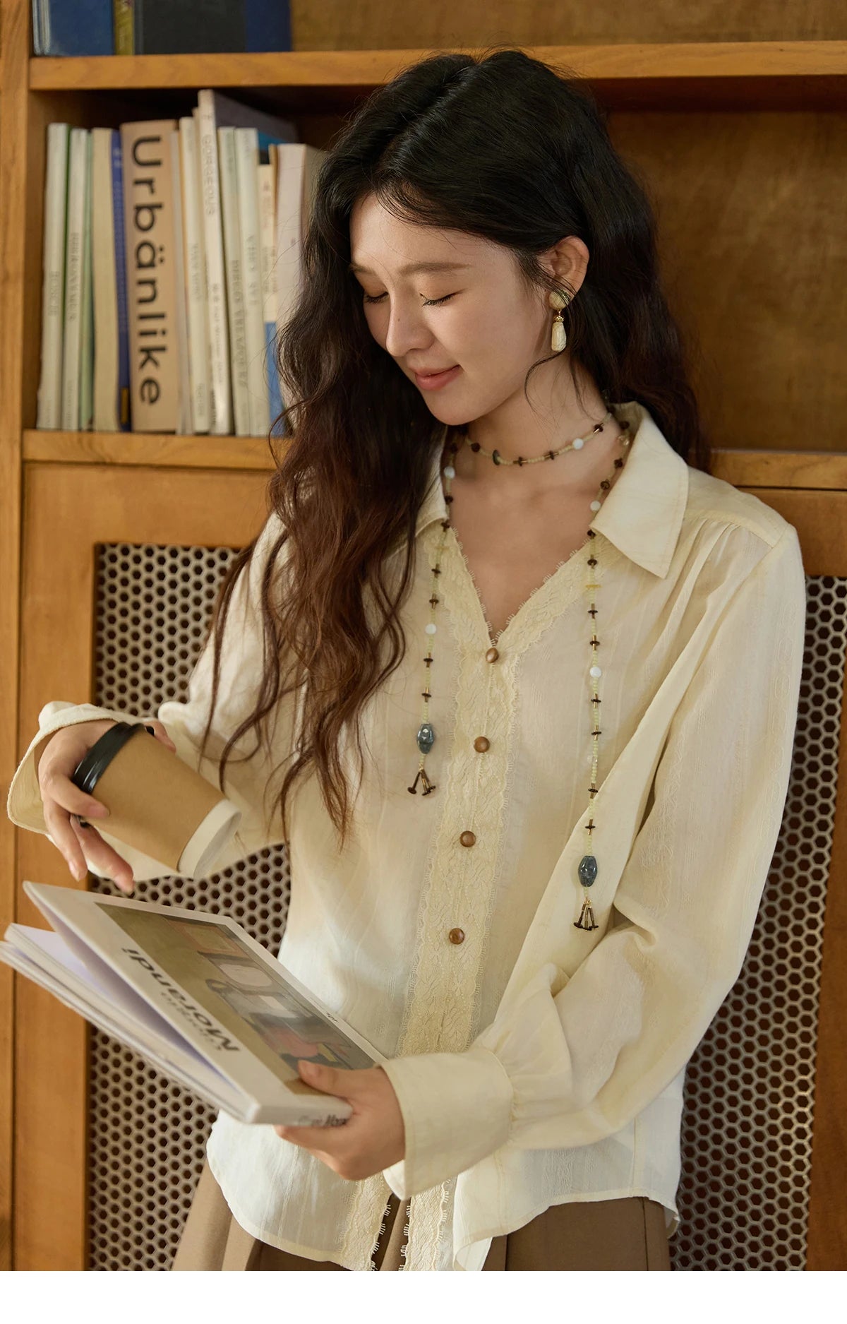 MISHOW Women's French V Neck Lace Panels Shirts 2025 Autumn Elegant Long Sleeve Apricot Top Office Chic Loose Shirt MXE43X2474