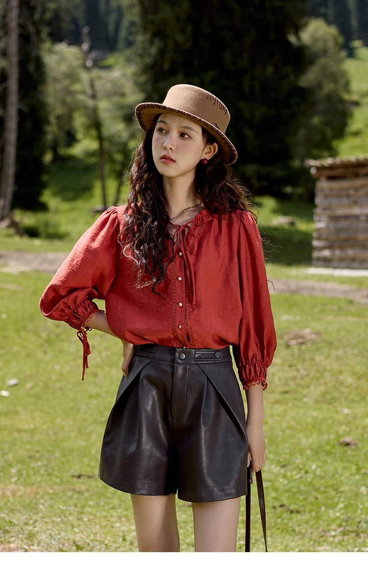 MISHOW French Retro Lace Collar Shirt for Women 2024 Autumn Bow Tie Top Lantern Sleeves Seven Quarter Sleeves Shirt MXD41X1621