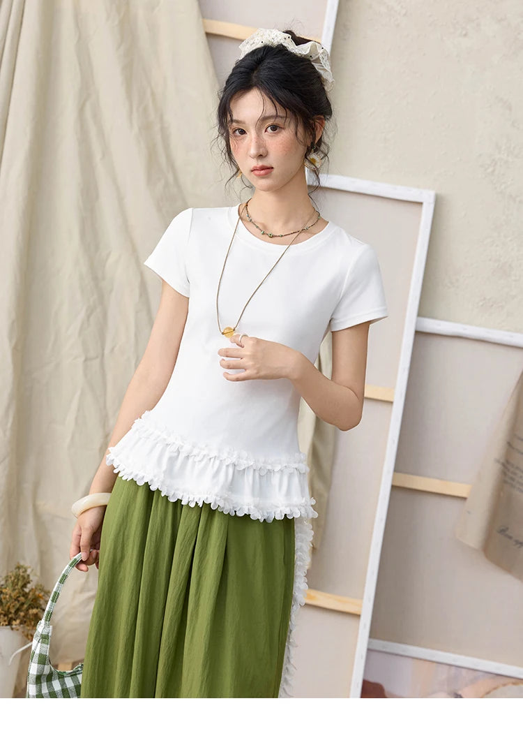 MISHOW White Ruffled T-shirt for Women Summer 2025 Round Neck Loose Slim Cotton Casual Tees with Red Lanyard Necklace MXE34T0557