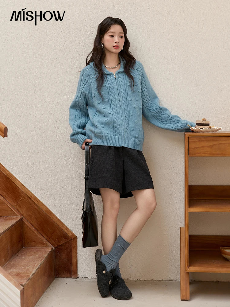 MISHOW Zipper Knit Cardigan Women 2025 Winter Yellow Turn-down Collar Loose Thick Sweater Luxury Comfort Casual Top MXE49Z2619