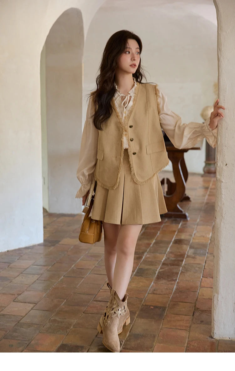 MISHOW Khaki Rough Selvedge Vest Coat Pleated Skirt Two-piece Set 2025 Autumn Women Linen Blend Retro Set Office Lady MXE41T0690