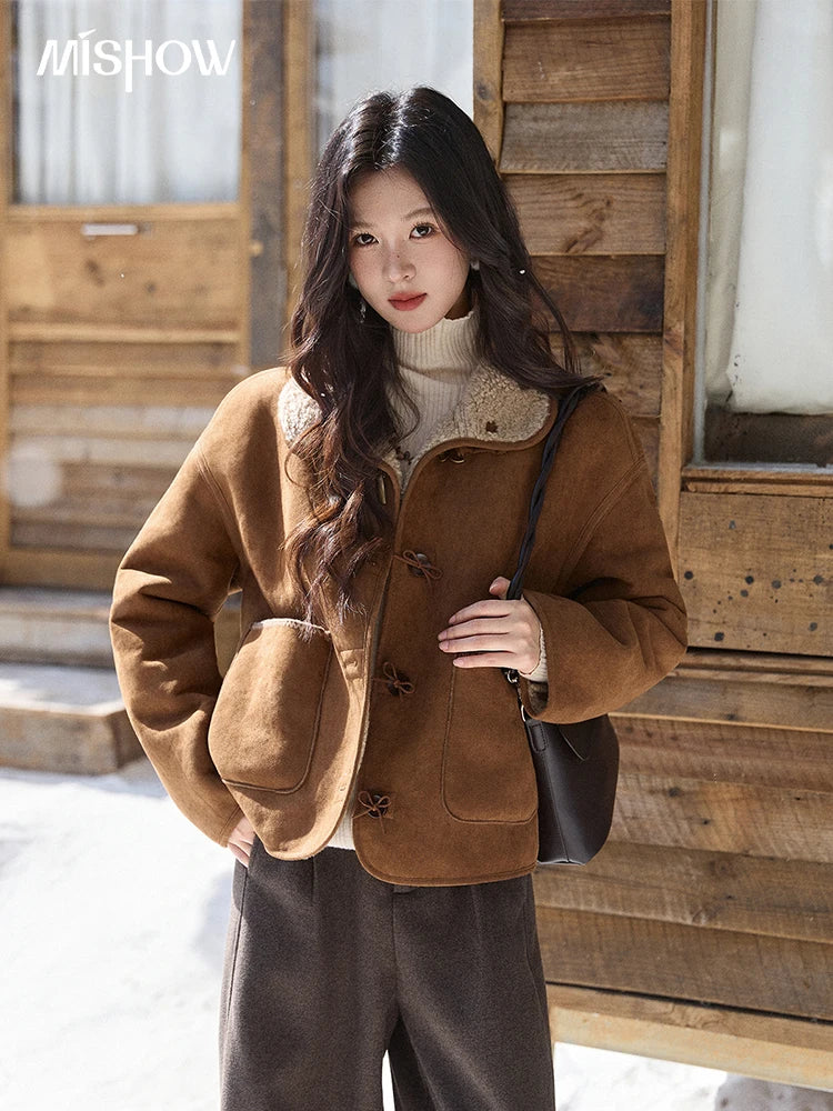 MISHOW Women's Brown Reversible Shearling Coat 2025 Winter Suede Polka Dot Lapel Coats Fleece Thick Warm Short Jacket MXE93W1012