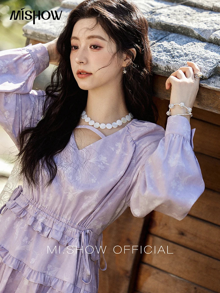 MISHOW Elegant Black Fungus Edge Dress for Women Spring 2025 Floral Lace-up Waist Dresses Long Sleeved Cake Dress MXE13L2101