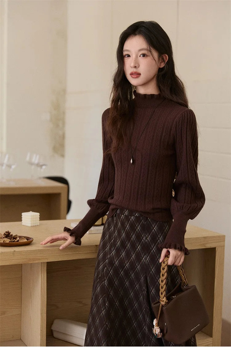 MISHOW Women's Half Turtleneck Ruffle Trim Lantern Sleeve Bottoming Tops 2025 Winter Vertical Rib Slim Knitted Top MXE93Z2810