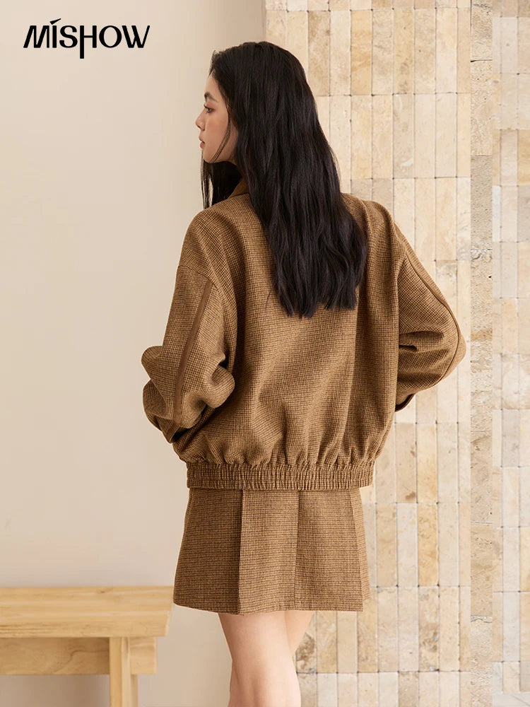 MISHOW Woman 2 Piece Outfit Set 2025 Autumn Retro Commuter Zipper Jacket Mini Pleated Skirt Plaid Fashion Skirt Suit  MXE49T1393