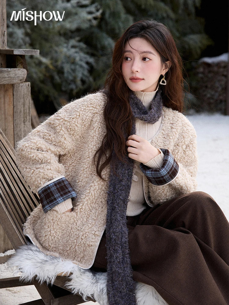 MISHOW Plaid Patchwork Curly Lambswool Coat Winter 2025 Women's Fashion Coat Double-Front Retro Casual Loose Jacket MXE87W0939