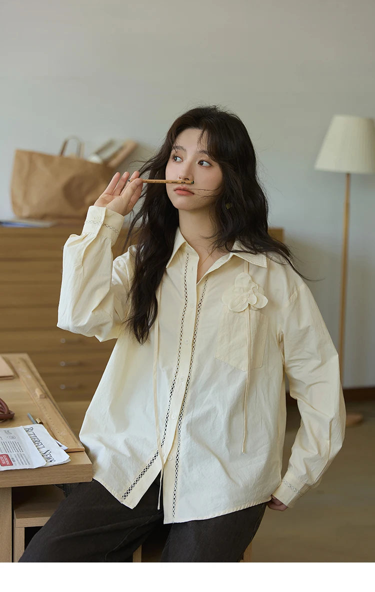 MISHOW 100% Cotton Shirt For Women Autumn 2025 New Fashion Petal Ribbon Button Long Sleeves Shirt Women's Clothing MXE41C2349