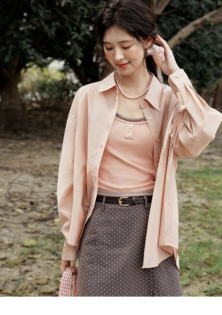 MISHOW Pink Long Sleeve Shirt for Women Spring 2025 Korean Splicing Lace Bow Tie Shirt Polo-neck Solid Versatile Tops MXE16C0767