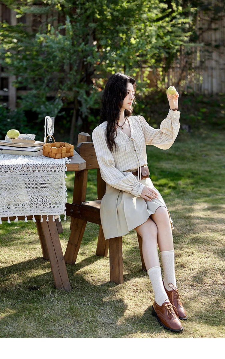 MISHOW French Retro V-neck Lace-up Striped Shirt for Women Spring 2025 Embroidered Lace Long Sleeve Top Casual Shirts MXE12X1715