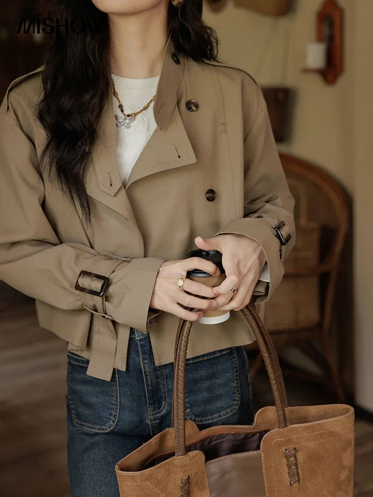 MISHOW Women's Short Fragrant Windbreaker Jacket 2024 Autumn Korean Stand Collar Double Row Placke Trench Streetwear MXD42W0386