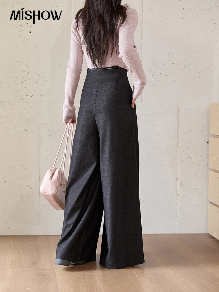 MISHOW Women's Trousers 2025 Autumn Winter Lace-up Gray Wide-leg Pants High Waist Slim Commuting Casual Pants Women MXE51K1106