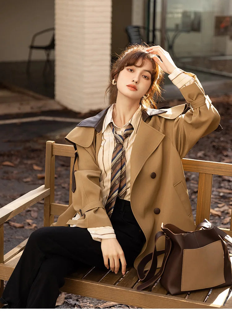 MISHOW Trench Coats for Women Autumn Korean Office Lady Polo Collar Patchwork Long Mid-length Jacket Female Outerwear MXB33W0399