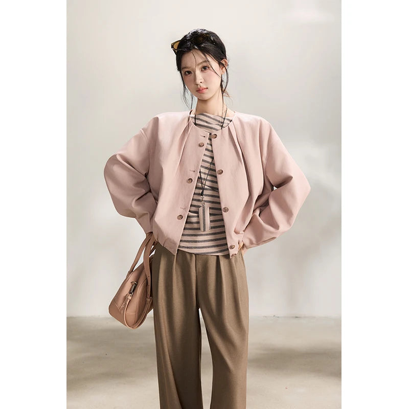 MISHOW Women's Pink Flower Bud Leather Jacket Spring 2026 Crew Neck Single-breasted Coats Casual Loose Cropped Coat MXF108W1001