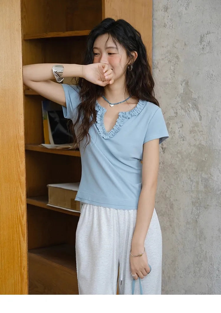 Mishow Lace V-Neck Short Sleeve Tee MXE35T0562