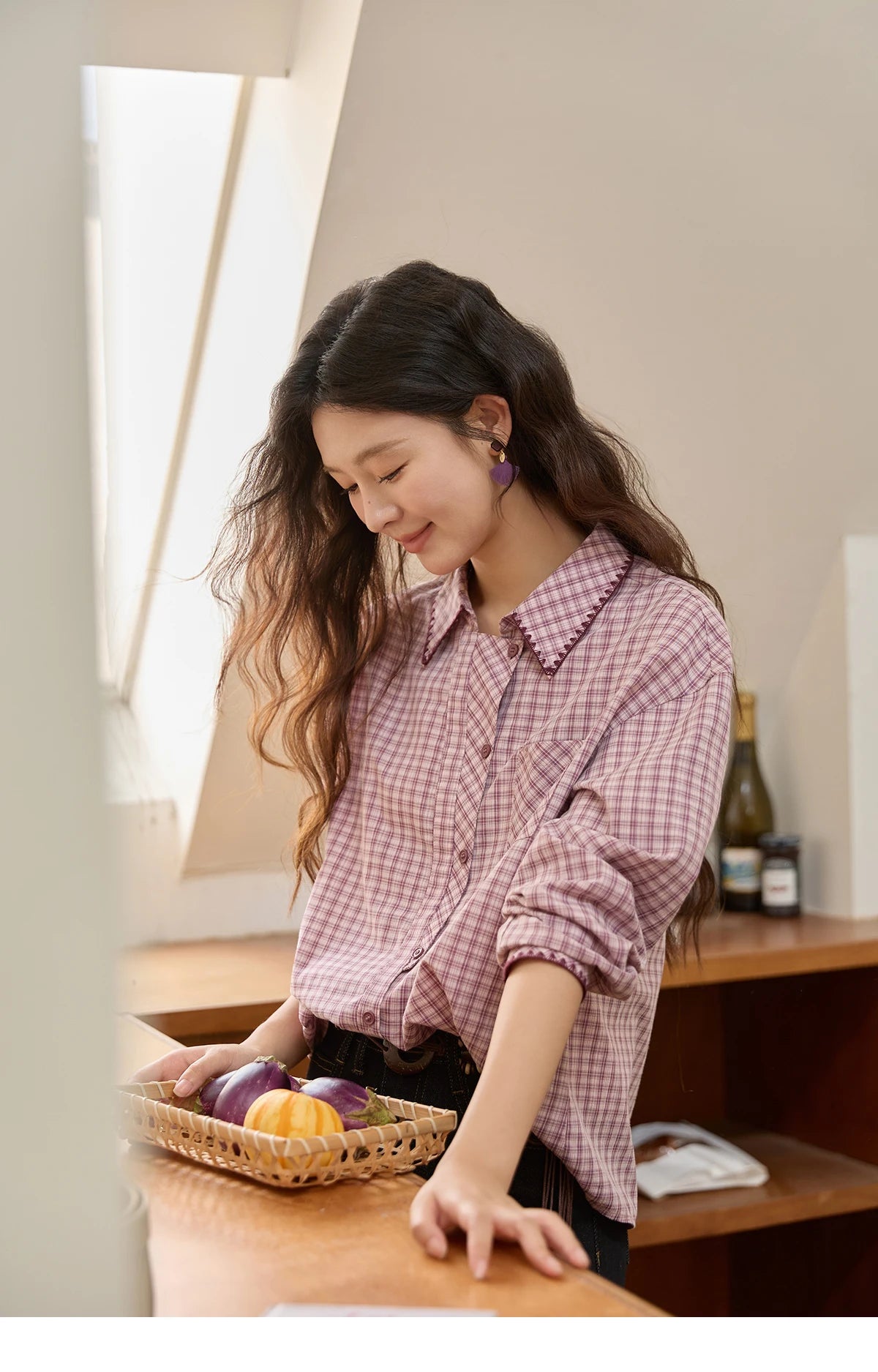 MISHOW Purple Plaid Shirt for Women Autumn 2025 Contrasting Embroidery Irregular Placket Shirt with Pocket Casual Top MXE44C2394