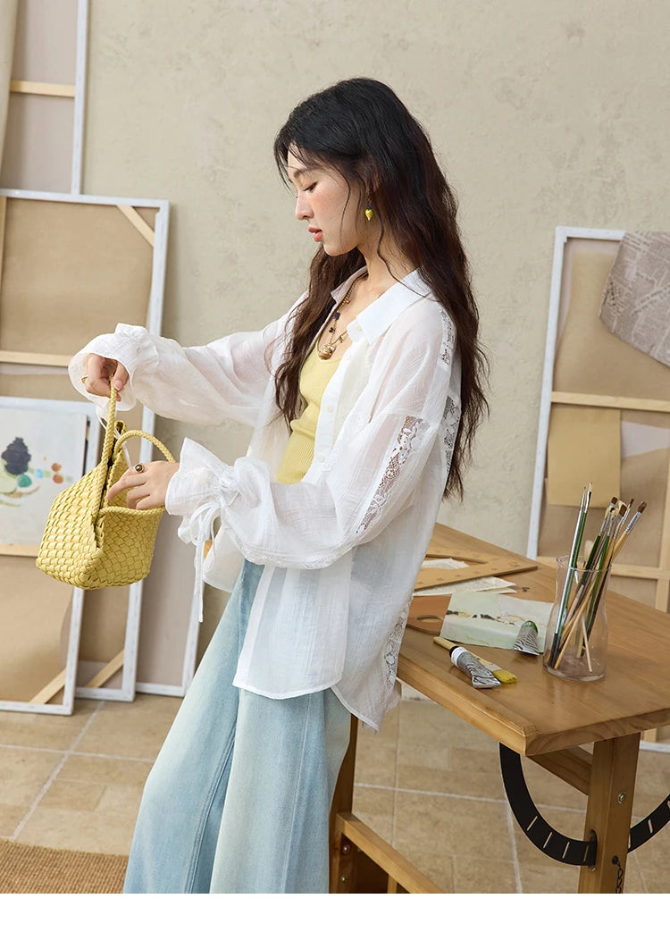 MISHOW Blend Patchwork Lace Cool Shirt Female Autumn 2025 Korean Loose Lapel Drop Sleeve Shirts Drawstring Cuffs Top MXE31C0789