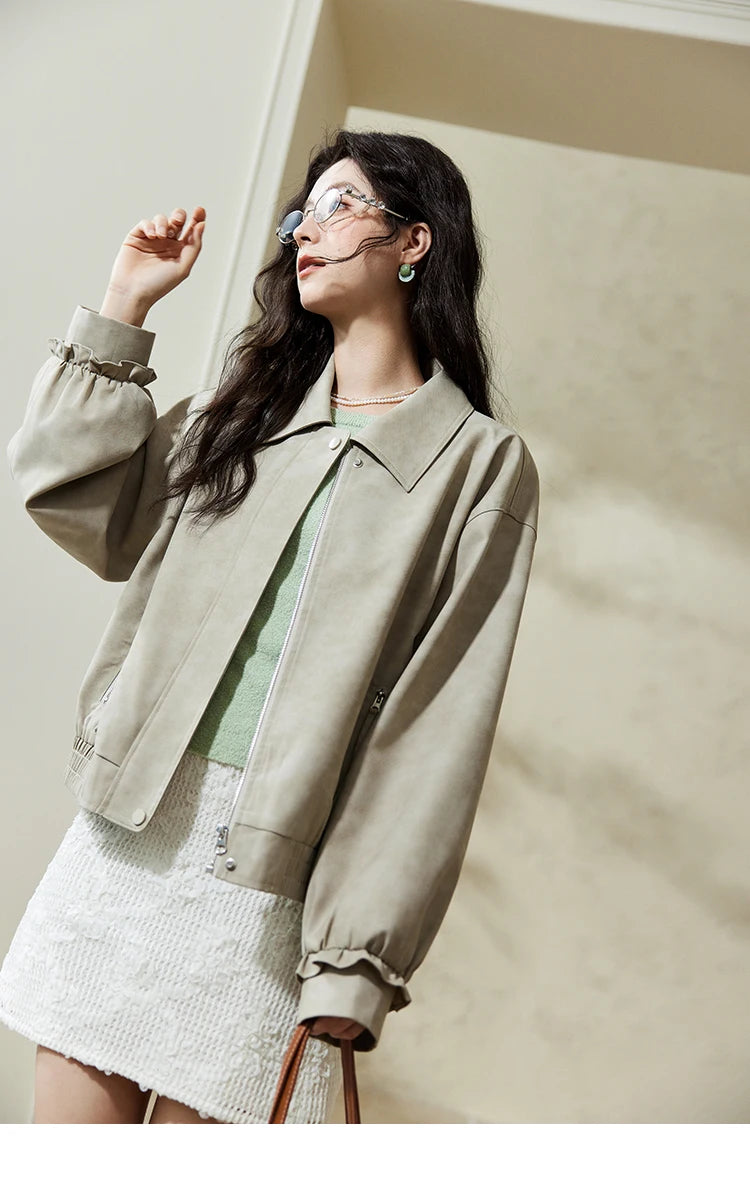 MISHOW Minimalist Short Jacket for Women Spring 2025 Casual Lapel Jacket Zipper Elastic Hem Solid Coats Streetwear MXE13W0715