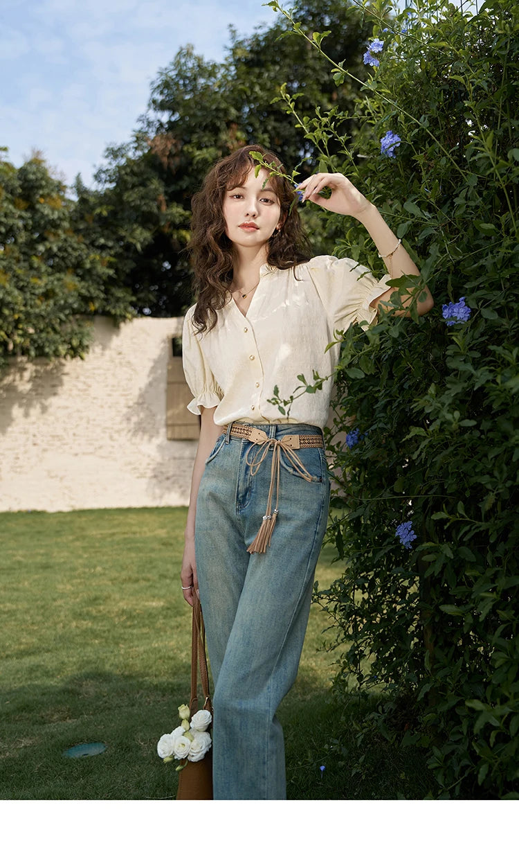 MISHOW Suspender Denim Dress Paired Blouse Separately 2024 Summer V Neck Puff Sleeve Top Back Elastic Waist Dress MXD21L1664