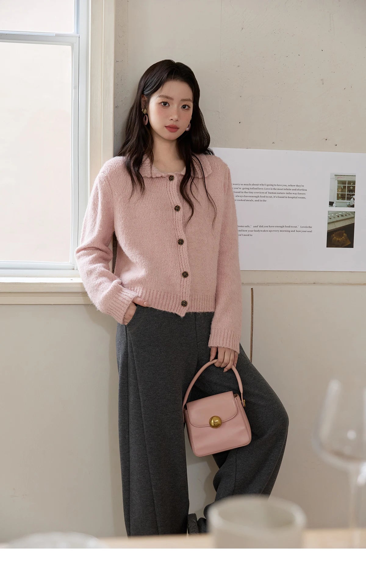 MISHOW Pink French Cardigan Women 2025 Autumn Winter New Sweet Turn-down Collar Single-breasted Loose Knit Sweater MXE48Z2569