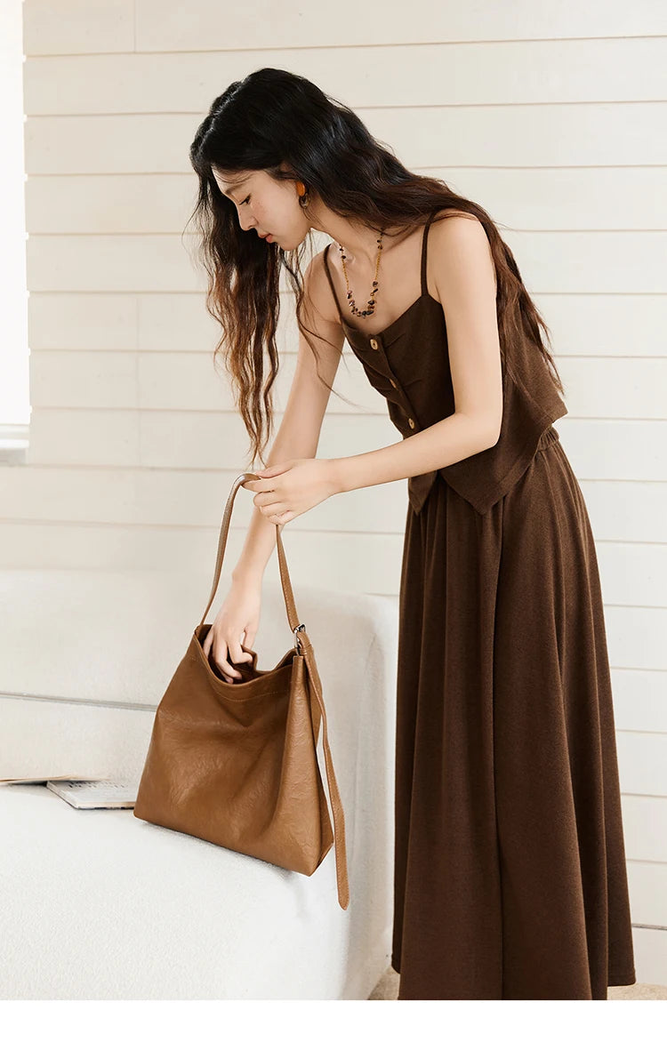 MISHOW Camisole Skirt Suit 2025 Retro Dark Brown Pleated Design Tank Top A-line Skirt  Autumn Women's Clothing Set MXE46T1378